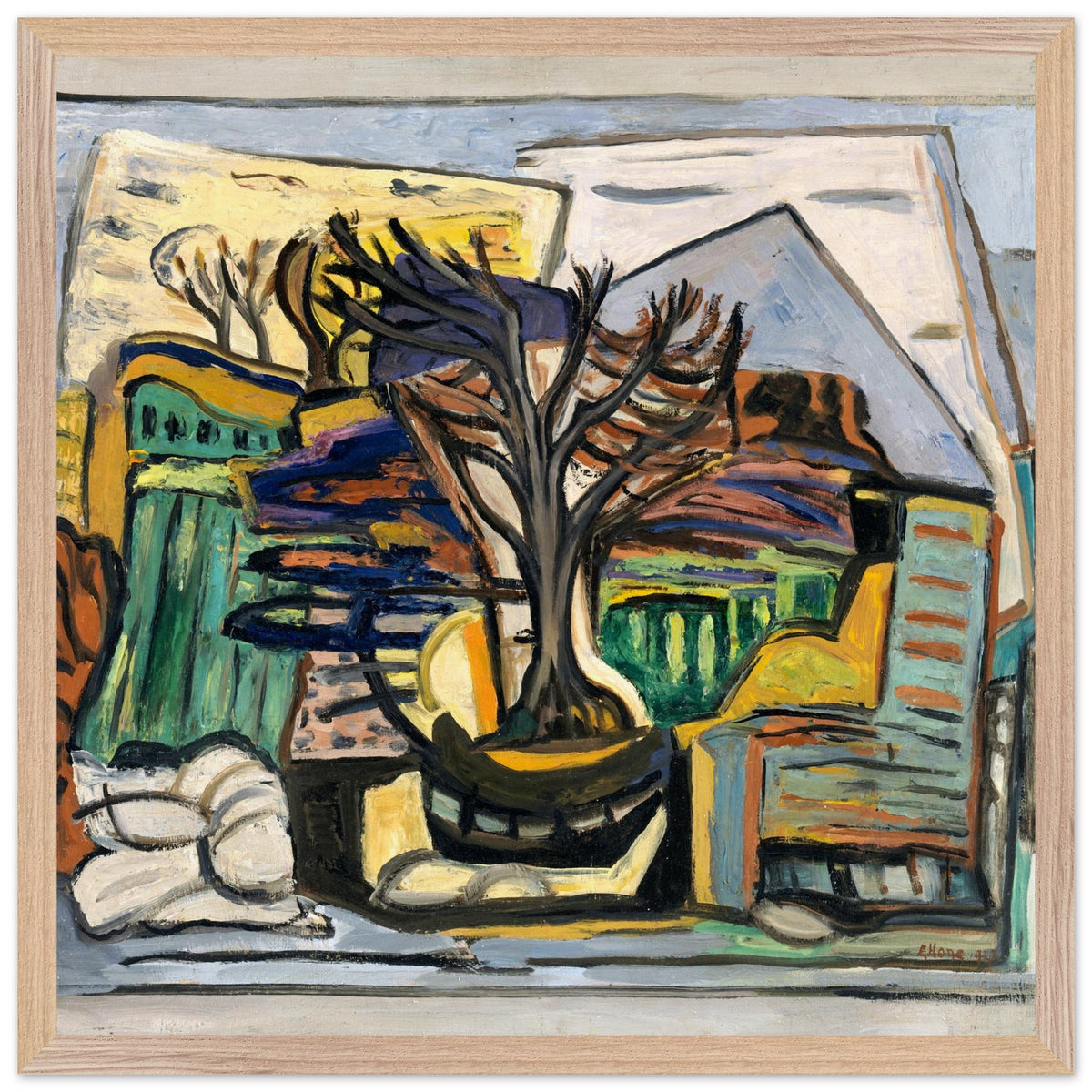 A Landscape with a Tree (1943) by Evie Hone in a natural oak frame