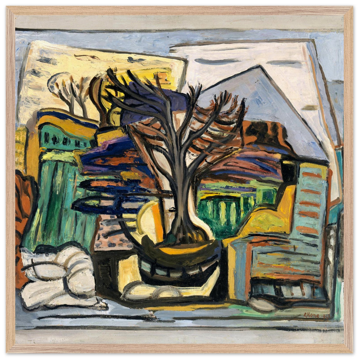 Evie Hone A Landscape with a Tree print in a light oak frame, straight-on