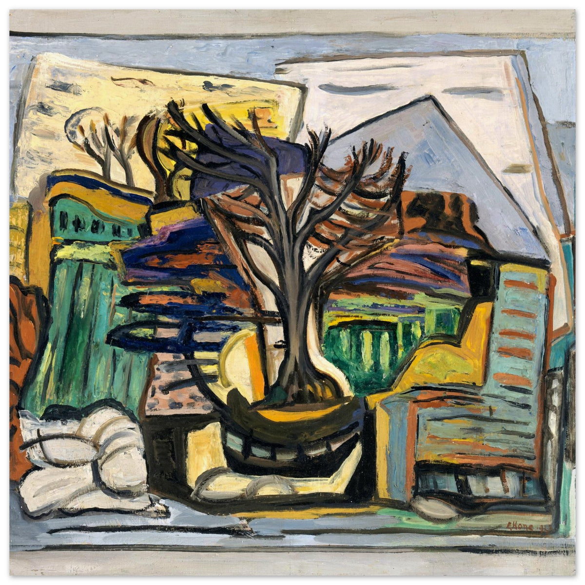 A Landscape with a Tree (1943) by Evie Hone, Irish modernist cubist painting, unframed print