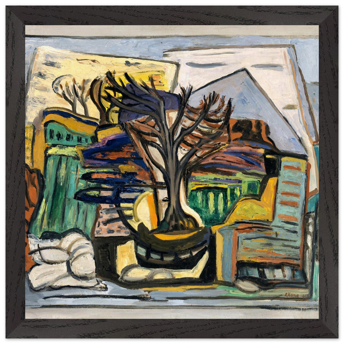 Evie Hone A Landscape with a Tree print in a dark wood frame, straight-on
