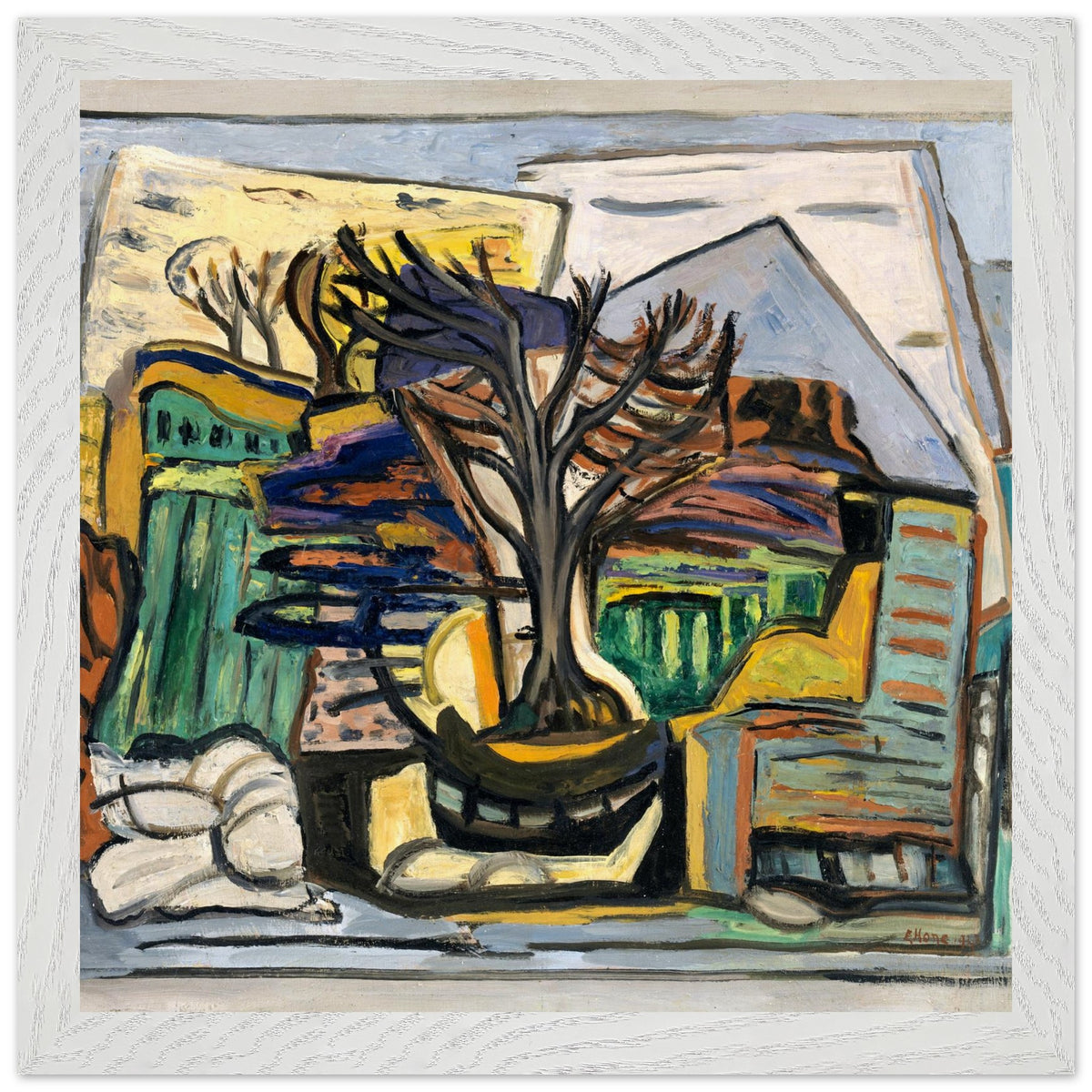 Evie Hone A Landscape with a Tree print in a whitewashed frame, straight-on