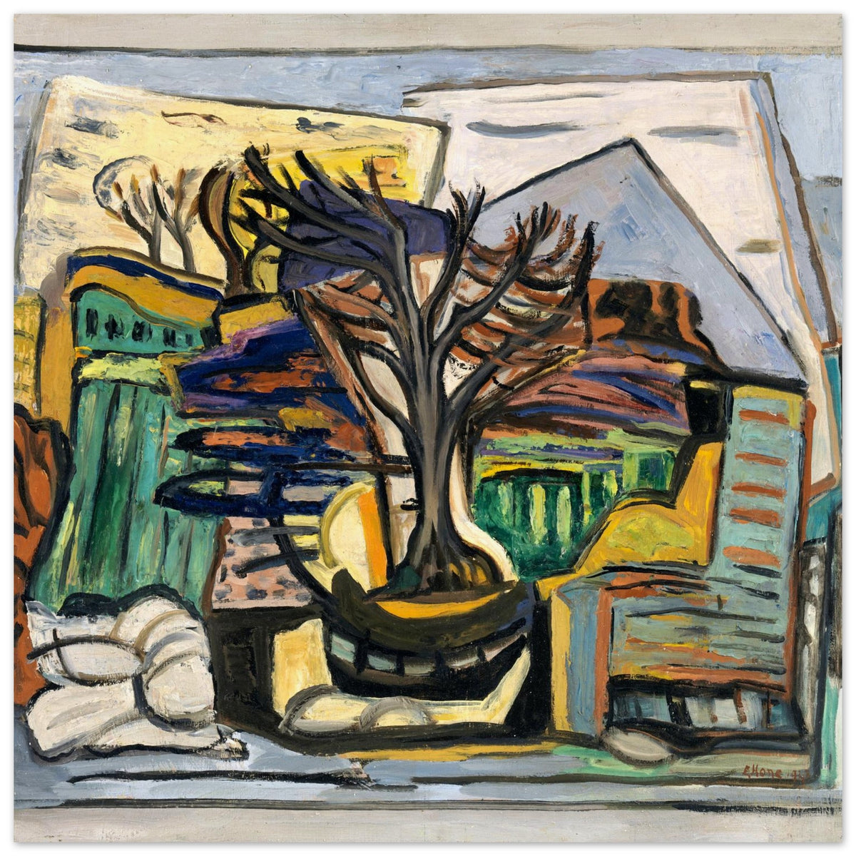 Evie Hone's bare tree and angular buildings in A Landscape with a Tree, unframed print