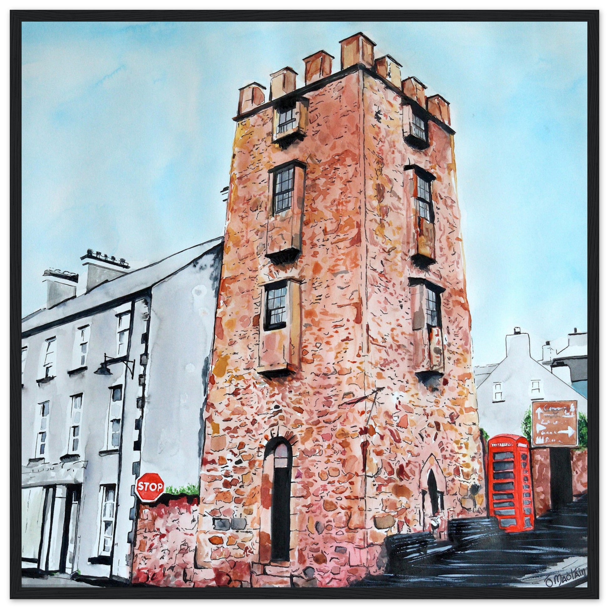 Framed art print 'The Curfew Tower' by Ó Maoláin. This piece depicts The Curfew Tower in Cushendall, Glens of Antrim, built by Francis Turnley in 1820 and now owned by Bill Drummond. The artwork showcases the tower amid the scenic Glens of Antrim.