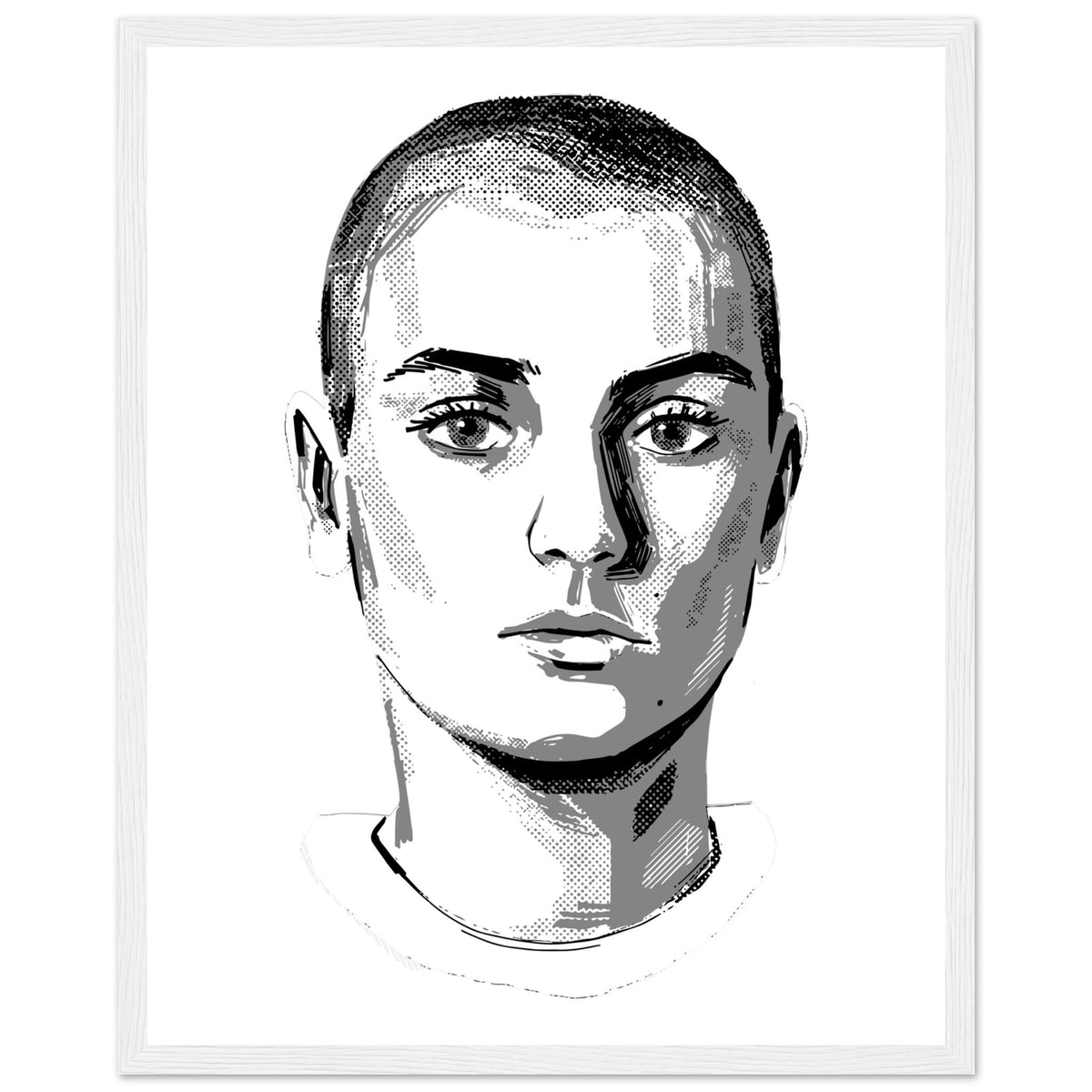 Sinéad O'Connor black and white portrait print in a white frame, the Irish singer in ink tones