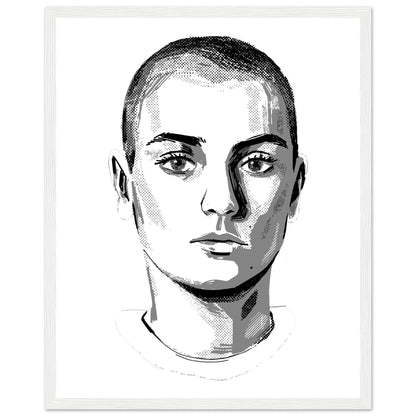 Sinéad O'Connor black and white portrait print in a white frame, the Irish singer in ink tones