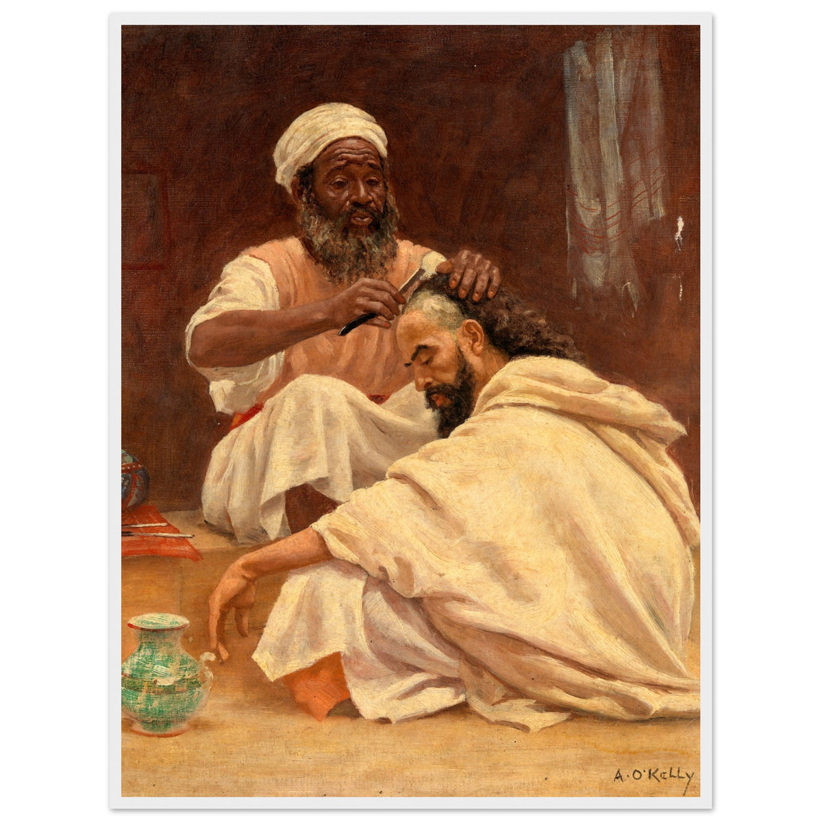 A Barber, Morocco by Aloysius O'Kelly in a white frame, barber in a turban tending a man's hair