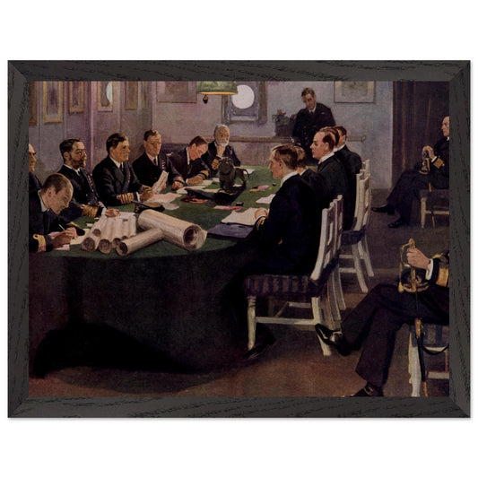 Admiral Beatty Reading the Armistice Terms by Sir John Lavery, framed print in a black frame