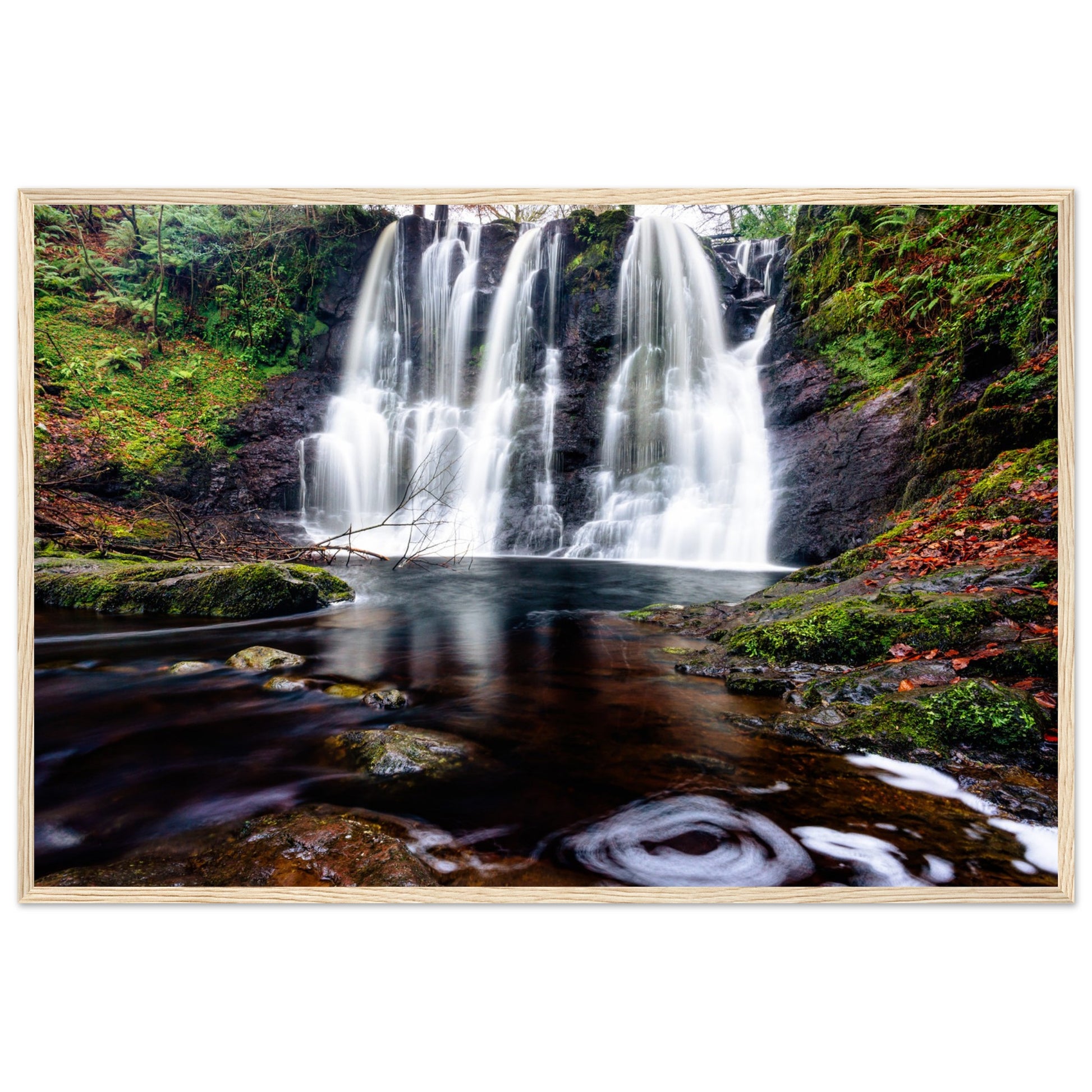 Cascading Glenariff Waterfall framed art print, showcasing serene natural beauty of Northern Ireland's forest park.