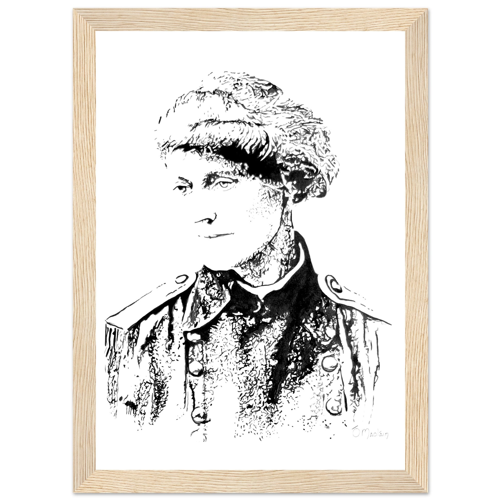 Framed art print by Ó Maoláin depicting Countess Markievicz, celebrating her courage and activism. This timeless piece blends art and history, capturing Ireland's heritage. Perfect for adding a meaningful touch to any space, honoring a trailblazing figure.