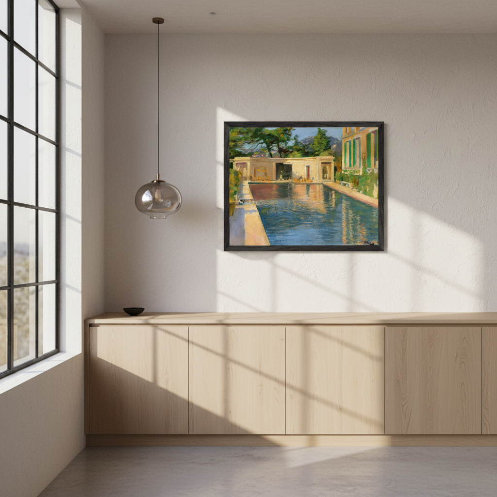 Lavery swimming pool print in a black frame above a pale oak sideboard in a bright room