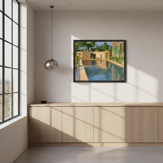 Lavery swimming pool print in a black frame above a pale oak sideboard in a bright room