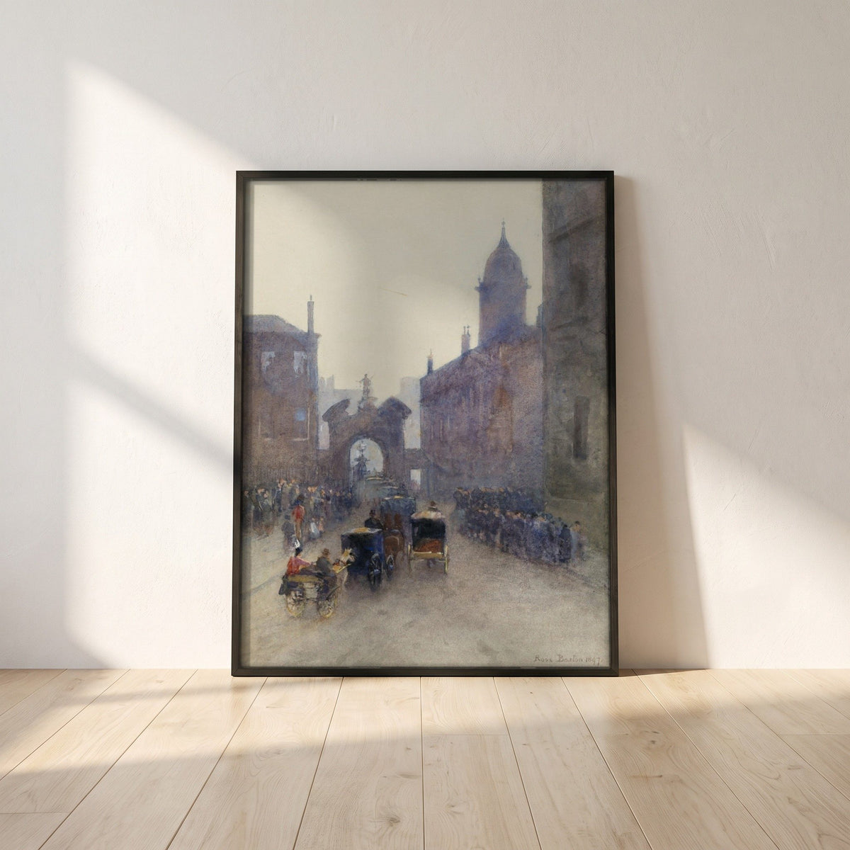Going to the Levée at Dublin Castle framed print in a black frame leaning against a white plaster wall on oak floorboards in morning light