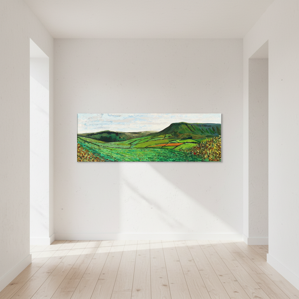 Green Glens of Antrim by Ó Maoláin panoramic canvas print hanging in a minimal white hallway with light wood floor