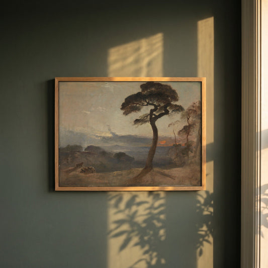 Hampstead Heath, Sunset framed print in a natural oak frame on a dark green wall beside a window, dappled plant shadow
