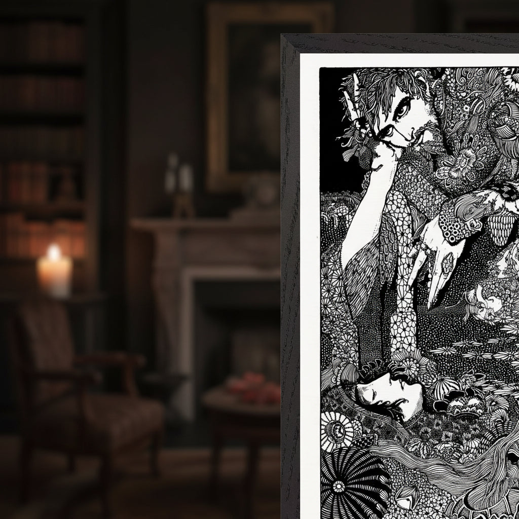 Close up of Harry Clarke Earth Grew Dark 1923 framed print showing intricate gothic linework detail with candlelight
