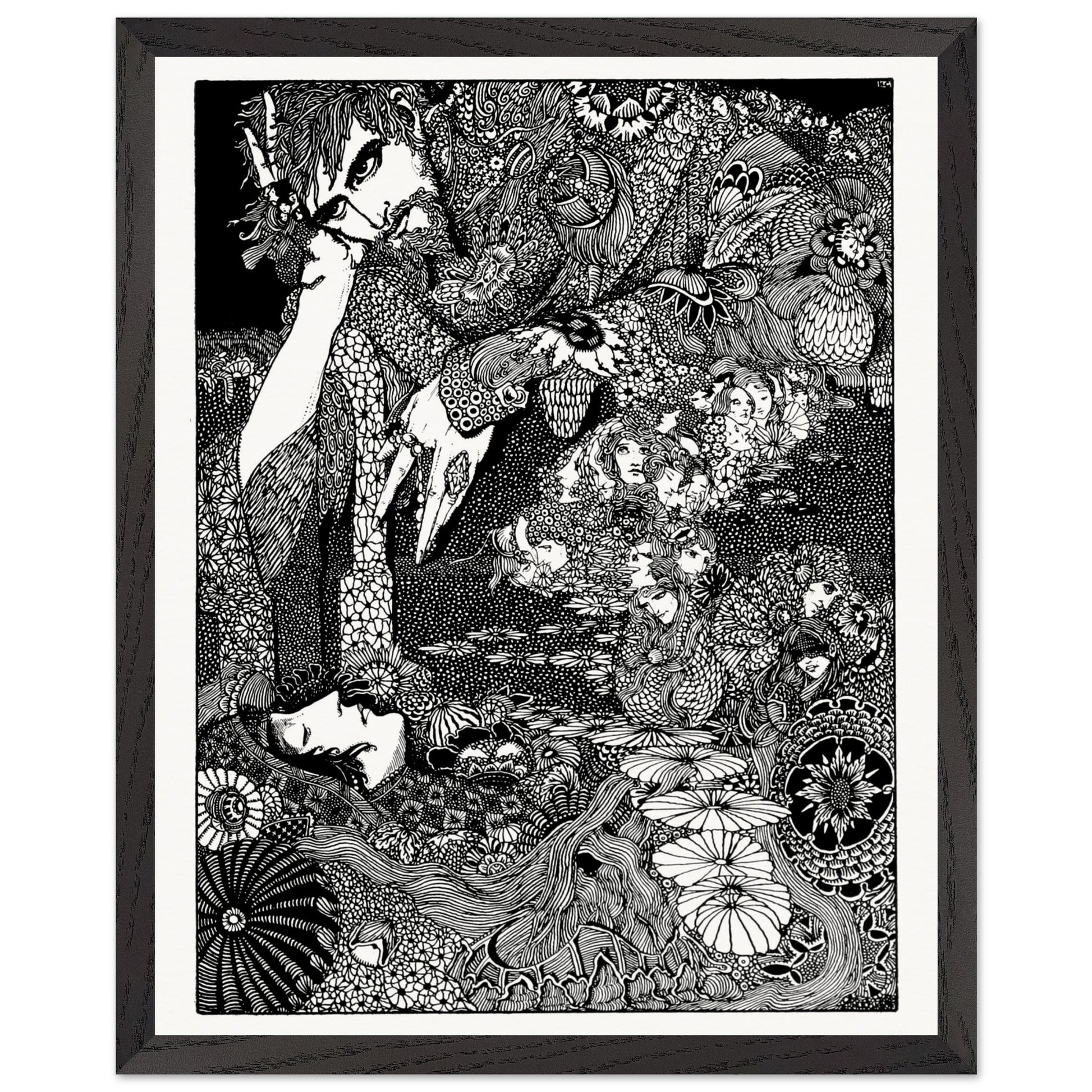 Close up of Harry Clarke Earth Grew Dark 1923 framed print showing intricate gothic linework detail with candlelight