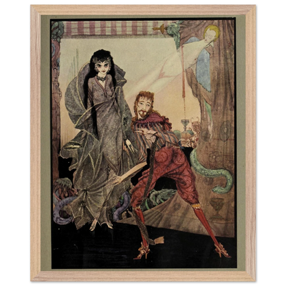 Harry Clarke Slowly Opened Eyes illustration framed in natural oak, straight-on view