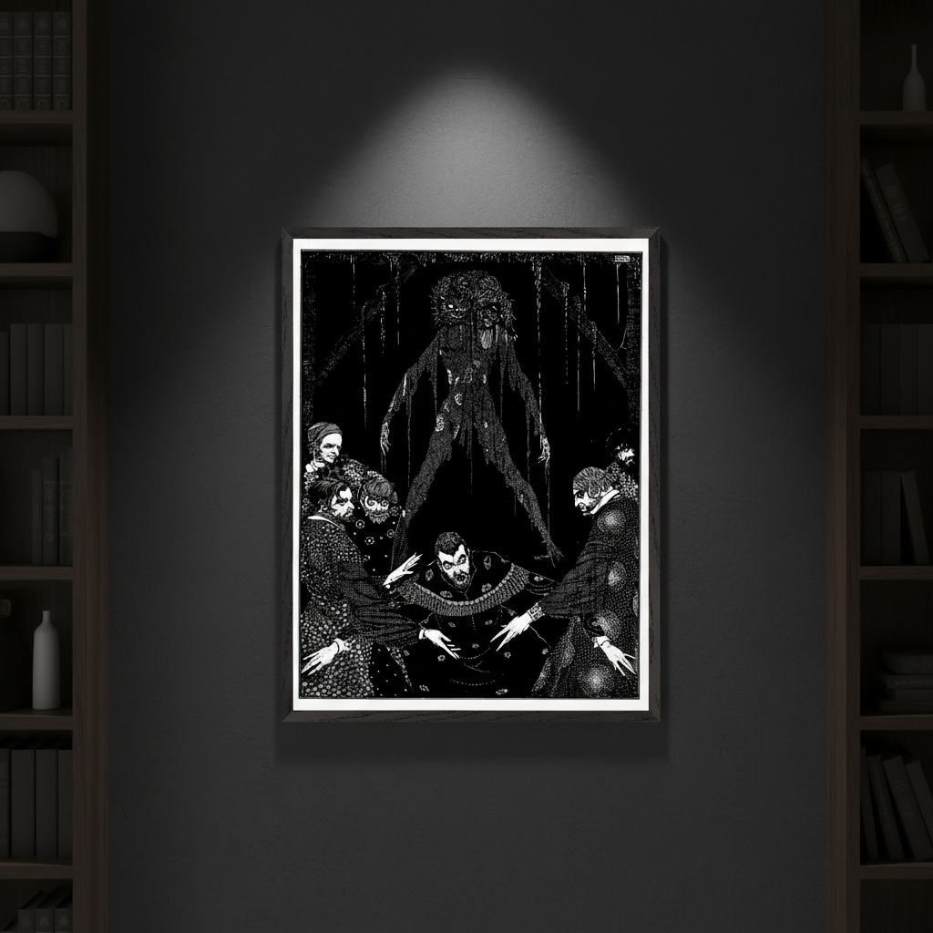 Harry Clarke Walled the Monster framed black and white horror print between dark bookshelves on charcoal wall with overhead spotlight