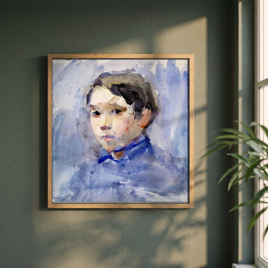 Head of a Young Boy by Clare Marsh framed print in a natural oak frame on a dark green wall beside a window, dappled plant shadow