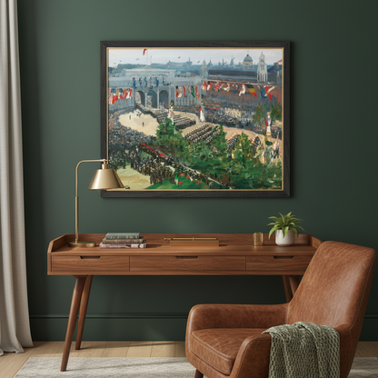 A stylish study with dark green walls, mid-century wooden desk, leather reading chair, softly lit table lamp. The historical art print ‘Admiralty Arch, Victory Parade (1919)’ framed in dark wood hangs proudly above. Intellectual, refined, feminine heritage-modern style.