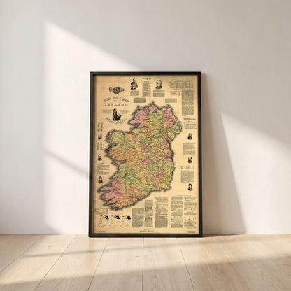 Home Rule Map of Ireland 1893 framed print in a black frame leaning against a white plaster wall on oak floorboards in morning light
