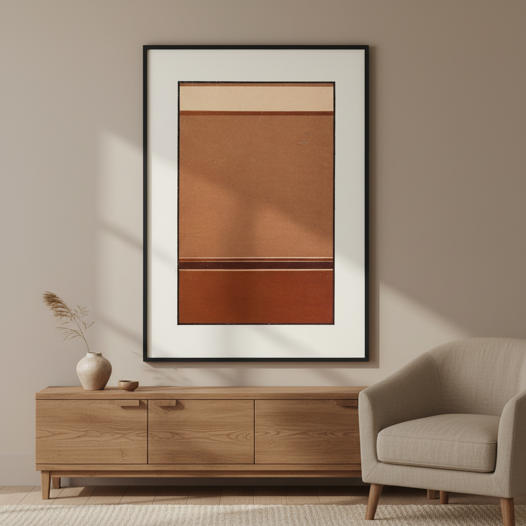 Gradated Tones of Broken Red by James Ward framed print in a black frame above an oak sideboard and armchair
