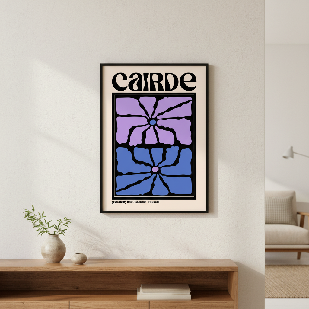Cairde (Friends) Irish language print in a black frame above a wooden sideboard with a vase