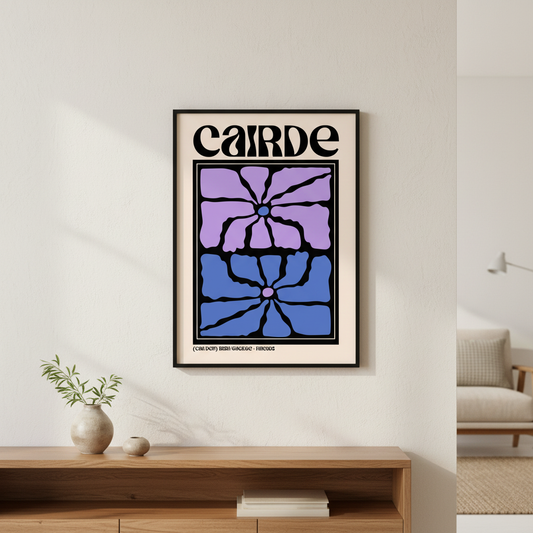 Cairde (Friends) Irish language print in a black frame above a wooden sideboard with a vase