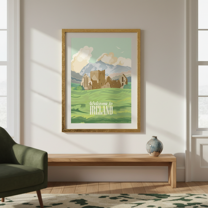 Welcome to Ireland vintage travel poster in a wooden frame above a low bench beside a green armchair