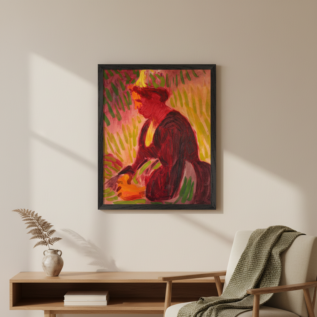 Peasant Woman Seated Outdoors by Roderic O'Conor in a black frame above a low wooden shelf and armchair