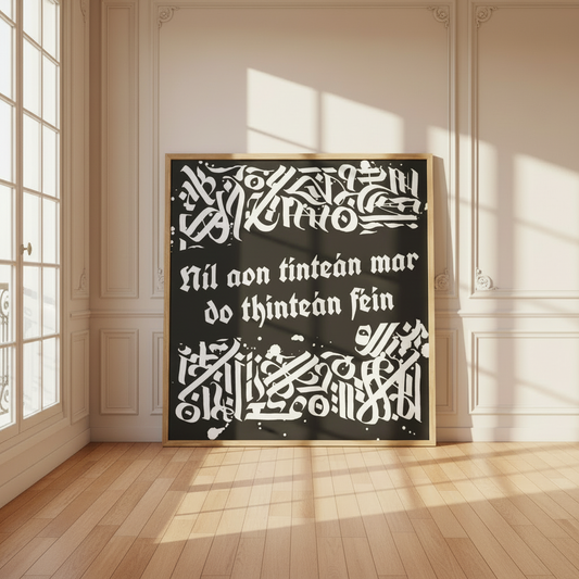 Níl aon tinteán mar do thinteán féin print in an oak frame leaning against a panelled wall by a tall window