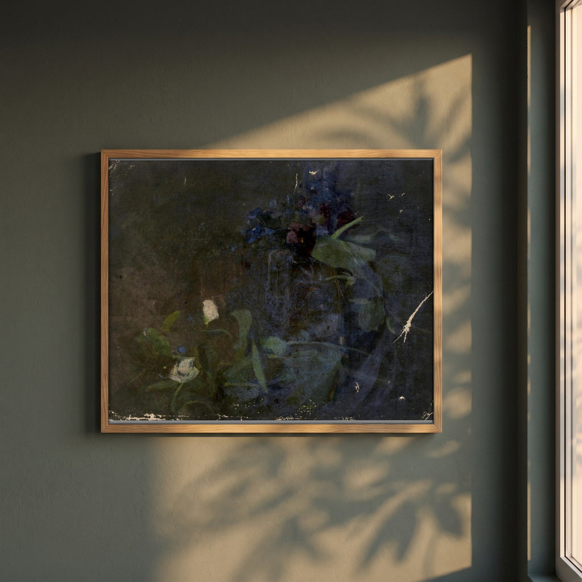 Impression of Flower Arrangement by Clare Marsh framed print in a natural oak frame on a dark green wall beside a window, dappled plant shadow