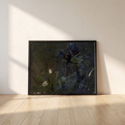 Impression of Flower Arrangement by Clare Marsh framed print in a black frame leaning against a white plaster wall on oak floorboards in morning light