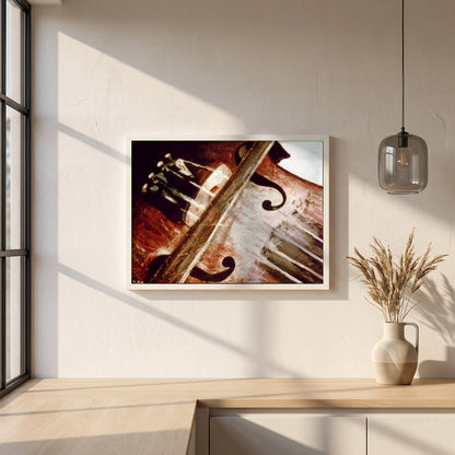 Irish Fiddle & Bow framed print in a white frame on a plaster wall above an oak worktop in a bright Scandinavian kitchen
