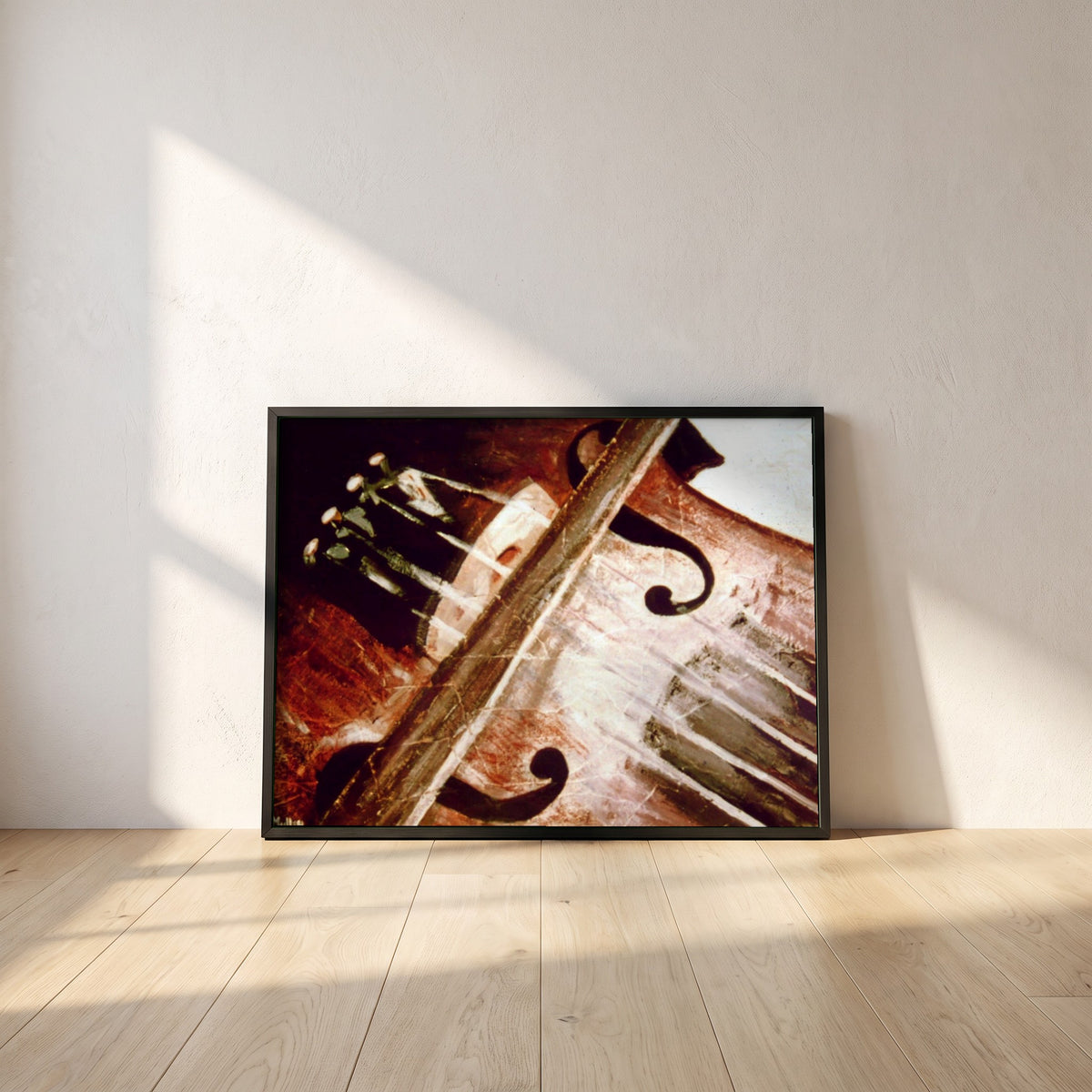 Irish Fiddle & Bow framed print in a black frame leaning against a white plaster wall on oak floorboards in morning light