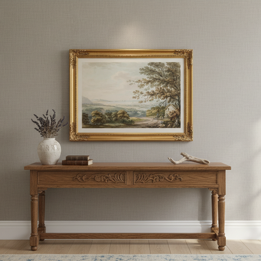Georgian Irish landscape framed print hanging in an elegant Irish coastal home, muted linen walls, antique oak furniture, soft daylight, calm refined atmosphere, museum-style presentation