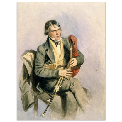 Irish piper Paddy Conneely in a green coat and yellow waistcoat, unframed print
