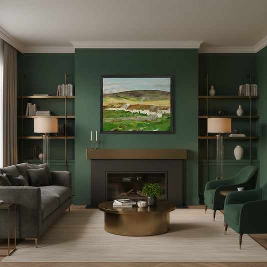 Irish landscape print of white thatched cottages and green hills, unframed 40×50 cm archival matte paper. Black framed Irish landscape art print above a modern fireplace, deep green walls, brass accents, warm evening light, upscale contemporary Irish home.