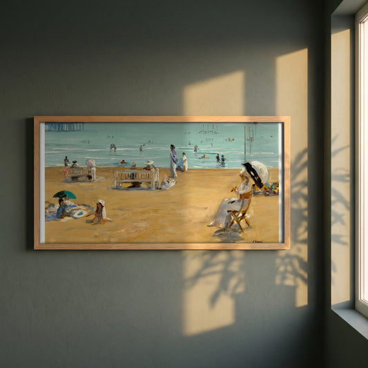 The Bathing Hour, Lido, Venice by John Lavery framed print in a natural oak frame on a dark green wall beside a window, dappled plant shadow