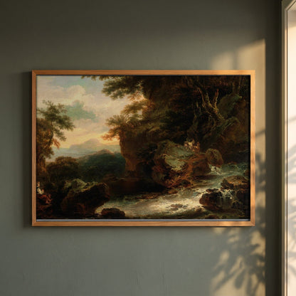 Landscape by Thomas Sautelle Roberts framed print in a natural oak frame on a dark green wall beside a window, dappled plant shadow