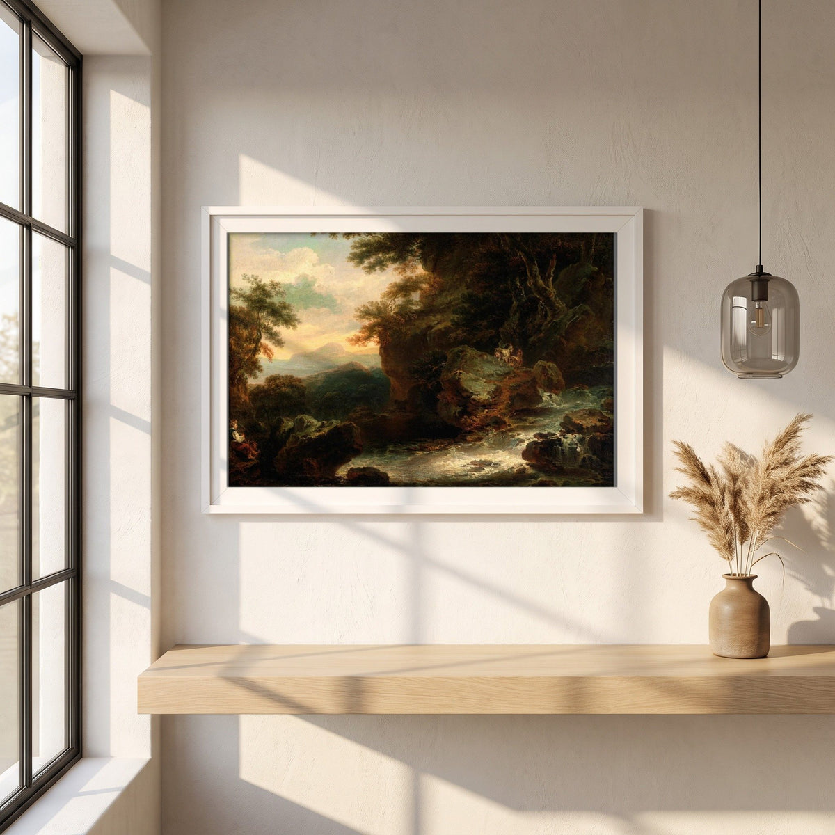 Landscape by Thomas Sautelle Roberts framed print in a white frame on a plaster wall above an oak worktop in a bright Scandinavian kitchen