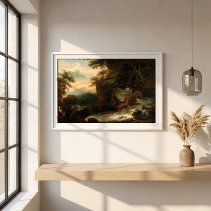 Landscape by Thomas Sautelle Roberts framed print in a white frame on a plaster wall above an oak worktop in a bright Scandinavian kitchen