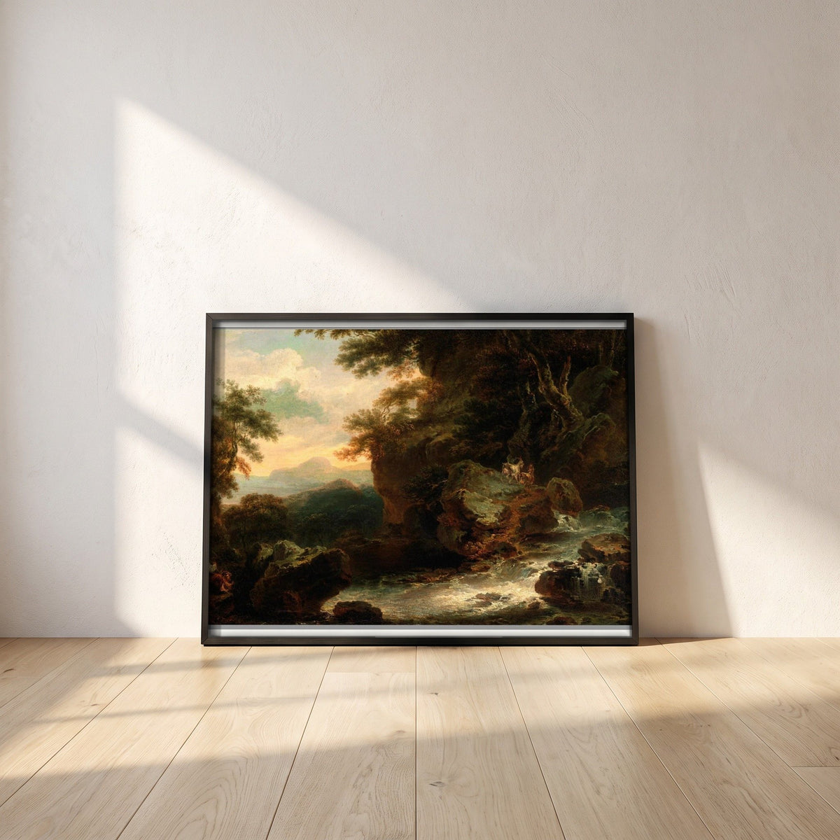 Landscape by Thomas Sautelle Roberts framed print in a black frame leaning against a white plaster wall on oak floorboards in morning light