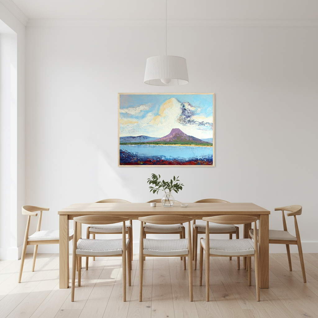 Lurig Mountain from the Shore by Ó Maoláin framed Irish art print on a white dining room wall
