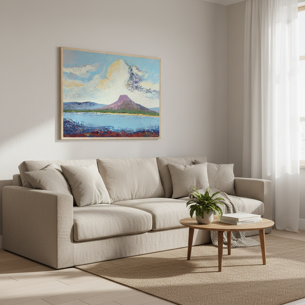 Lurig Mountain from the Shore by Ó Maoláin framed Irish art print above a linen sofa in a warm living room
