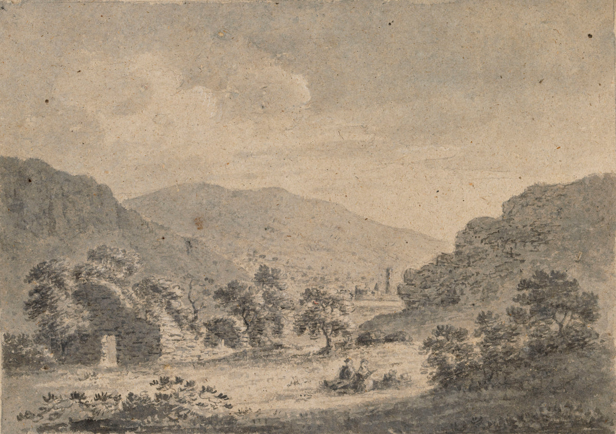 The Round Tower, Glendalough, from Temple-na-Skellig, wash drawing by Christopher Machell