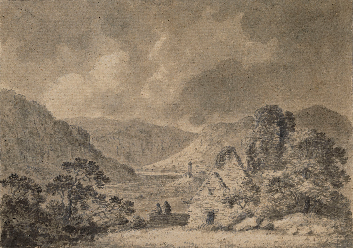 Saint Saviour's, Saint Kevin's and the Lower Lake, Glendalough, wash drawing by Christopher Machell