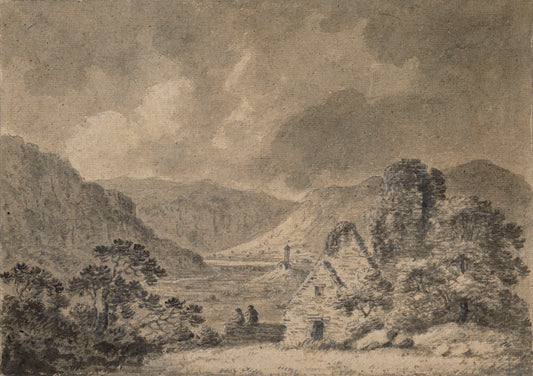 Saint Saviour's, Saint Kevin's and the Lower Lake, Glendalough, wash drawing by Christopher Machell
