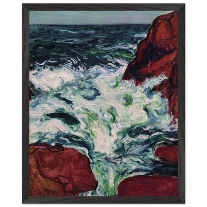 Marée Montante by Roderic O'Conor, painting of a rising tide breaking on red rocks, print in a dark frame