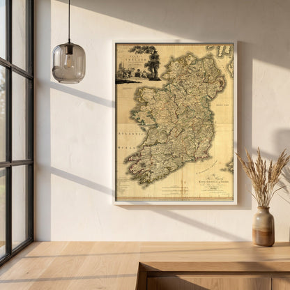 Memoir of a Map of Ireland by Daniel Augustus Beaufort framed print in a white frame on a plaster wall above an oak worktop in a bright Scandinavian kitchen